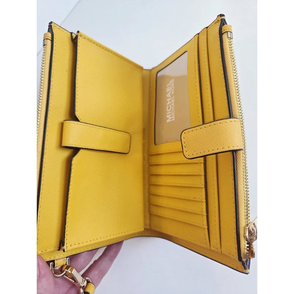 New Michael‎ Kors Jet Set Travel Double Zip Wallet Leather Phone Yellow NEW